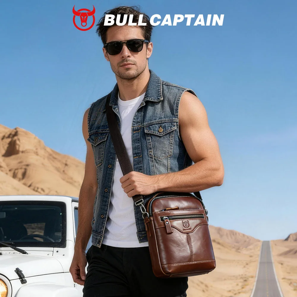 BULLCAPTAIN Men's crossbody bag, fashionable genuine leather bag, trendy retro men's top layer cowhide shoulder bag view 2