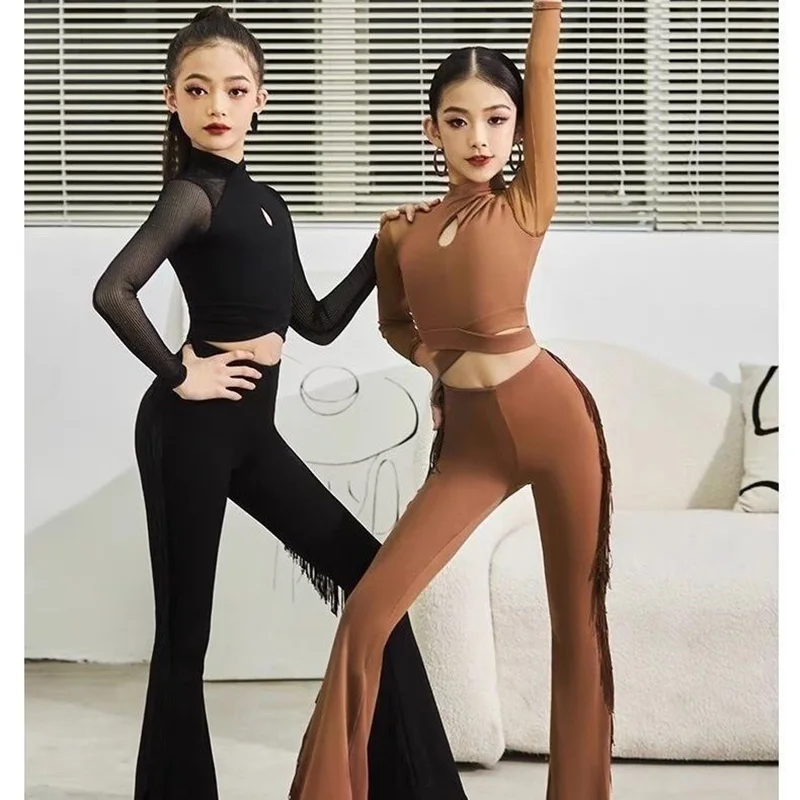 

kid performance competition costumes children Latin dance pants girl national standard dance tassel pants set training outfit