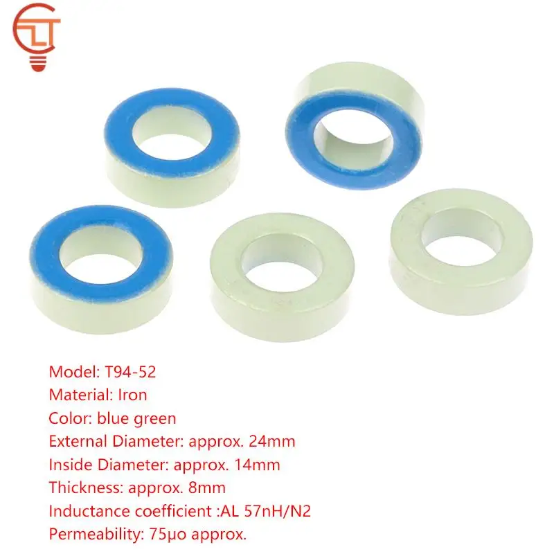 5pcs 75μo T94-52 Iron Ferrite Toroid Cores For Inductors Iron powder Core Blue Green Ring 24mm x 14mm x 8mm