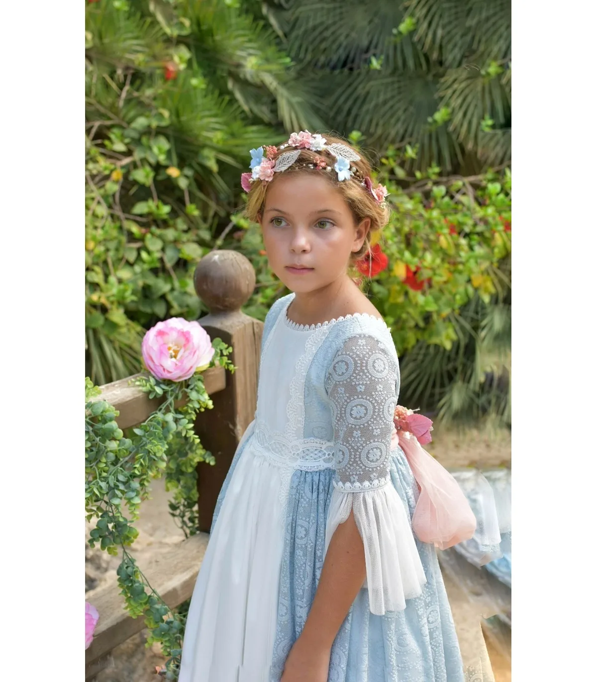 Fairy Flower Girl Dress for Kid Vintage Princess Lace Floral Ribbon Belt Bridemini Bridesmaid Wedding Party Tulle Gown