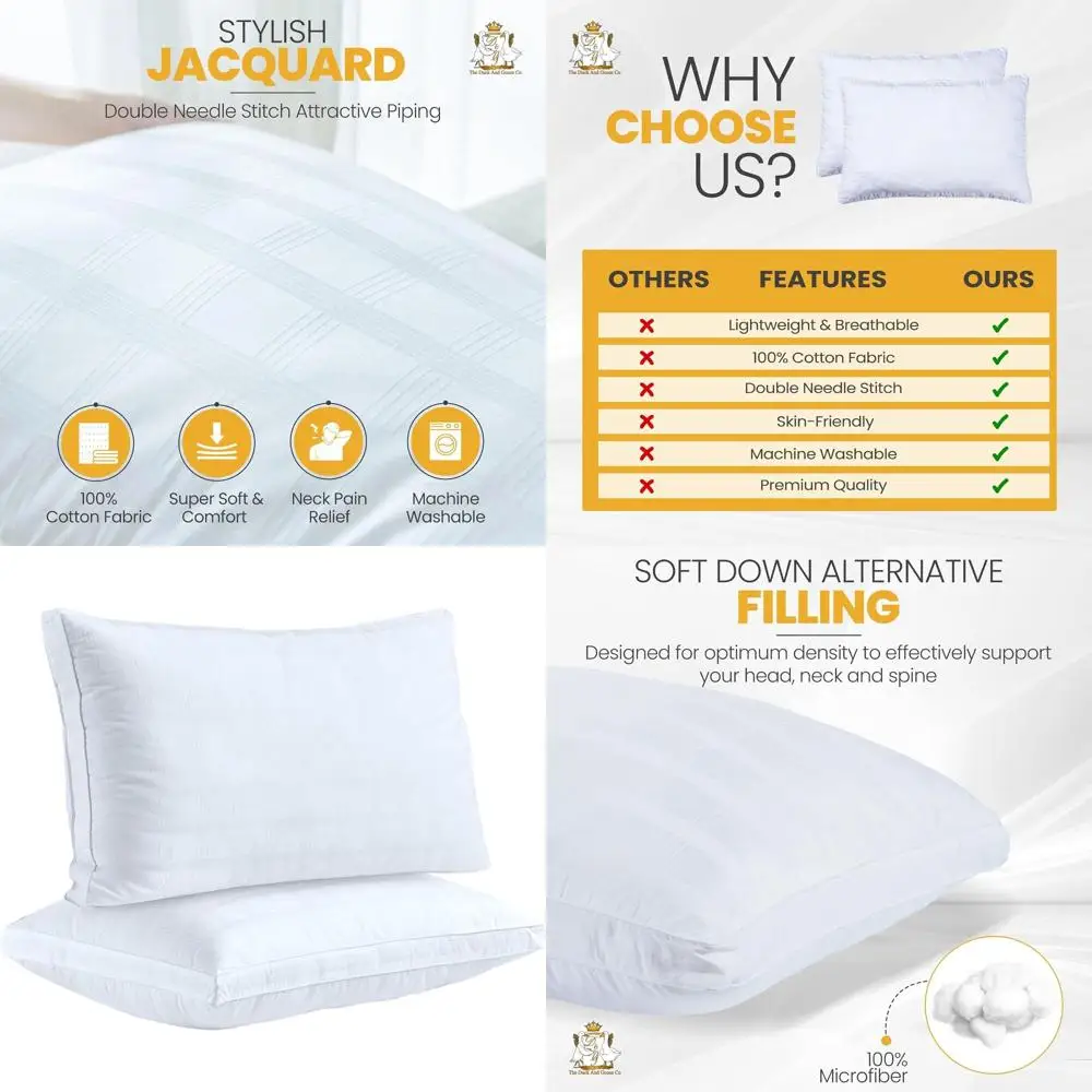 

2-Pack Queen Size Plush Pillows with 100% Cotton Cover and 2 Gusset by The Duck and Goose Co