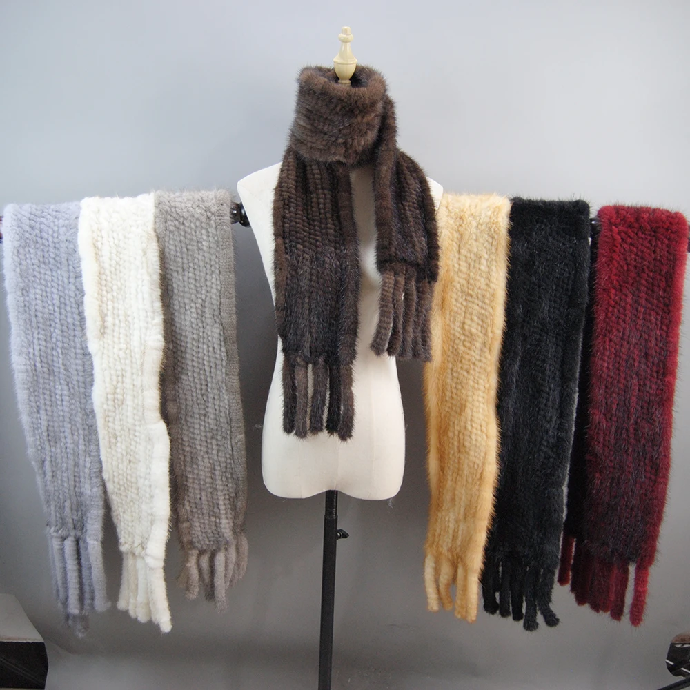 2024 Luxury Women Muffler 100% Real Mink Fur Scarf With Tassel Hand Knitted Natural Mink Scarves Neck Warmer Poncho Wholesale