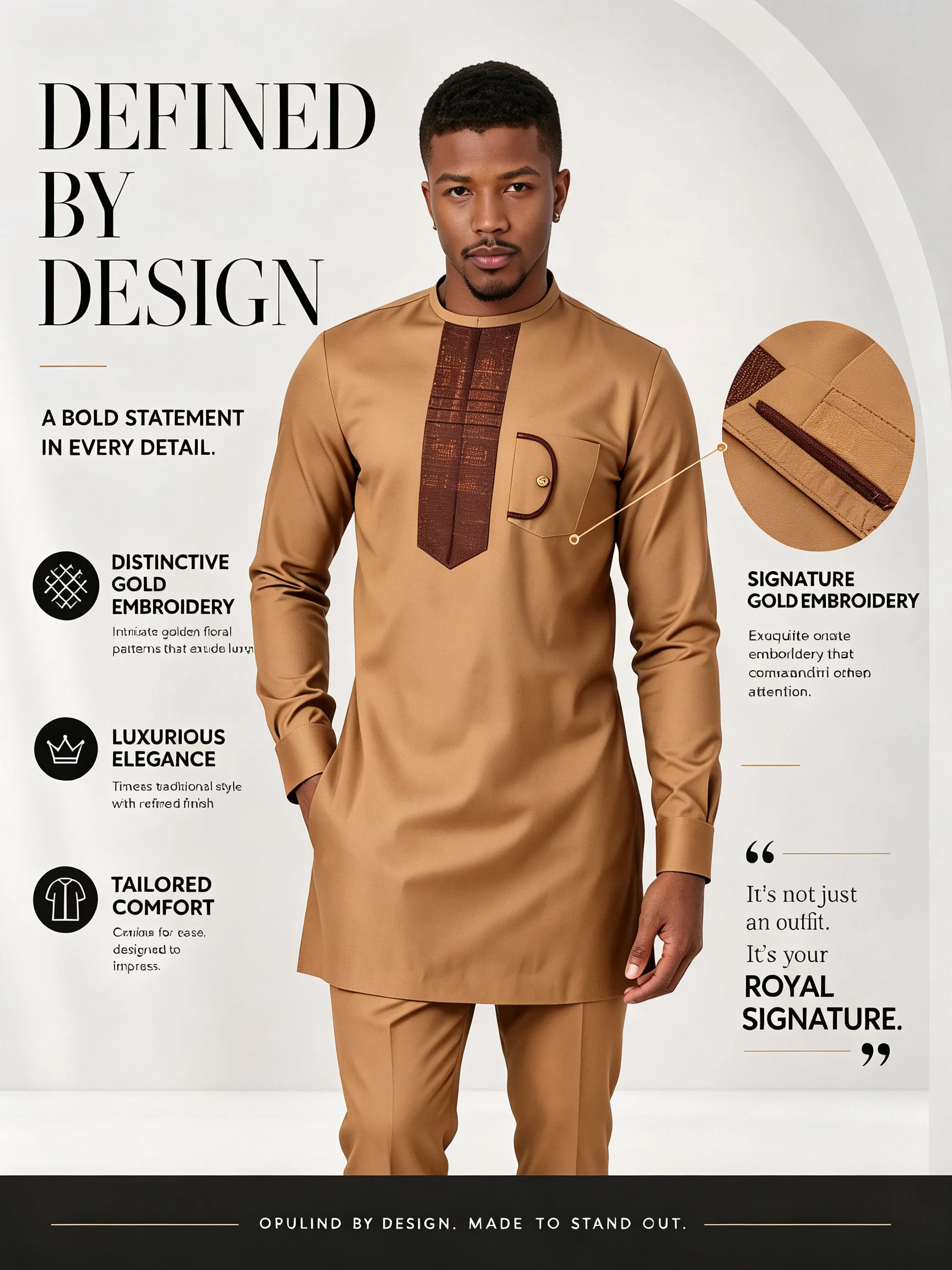 frican Men Khaki Camel Kaftan 2 Piece Set Stand Collar Brown Contrast Patchwork Gold Button Long Sleeve Tunic Shirt Pants Formal