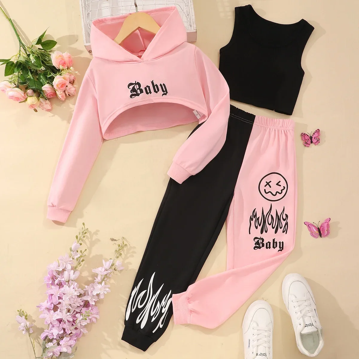 2024 Kids Girls Clothing Set Spring Autumn Long Sleeve 3 Pcs Hooded Top Vest Pants Contrast Colors Children Outfits