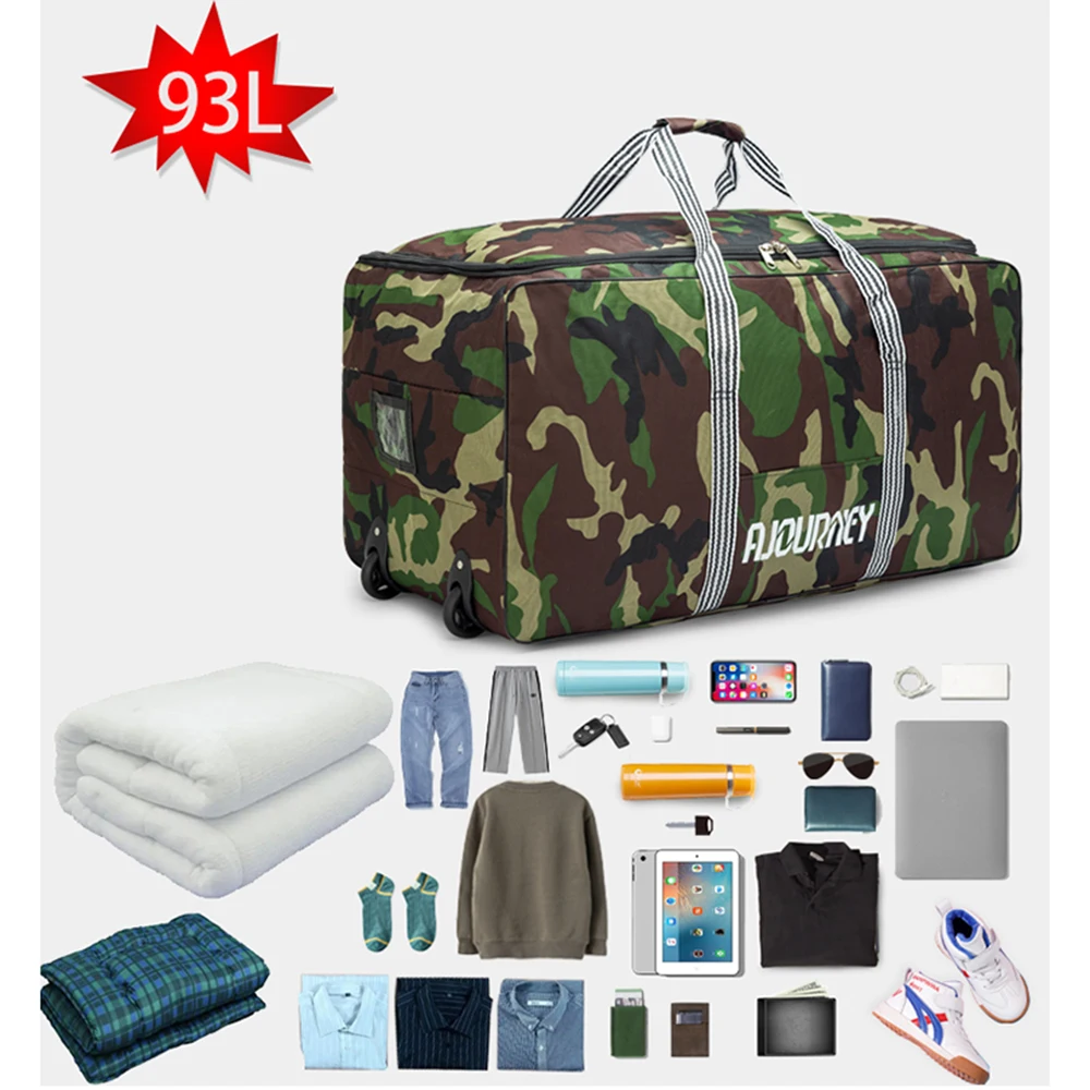 93L オックスフォード折りたたみ式ホイール付きトラベルバッグ、荷物収納バッグ、ホイール付き、大容量、機内持ち込み可能、キャリーオンラゲージ、トロリースーツケース