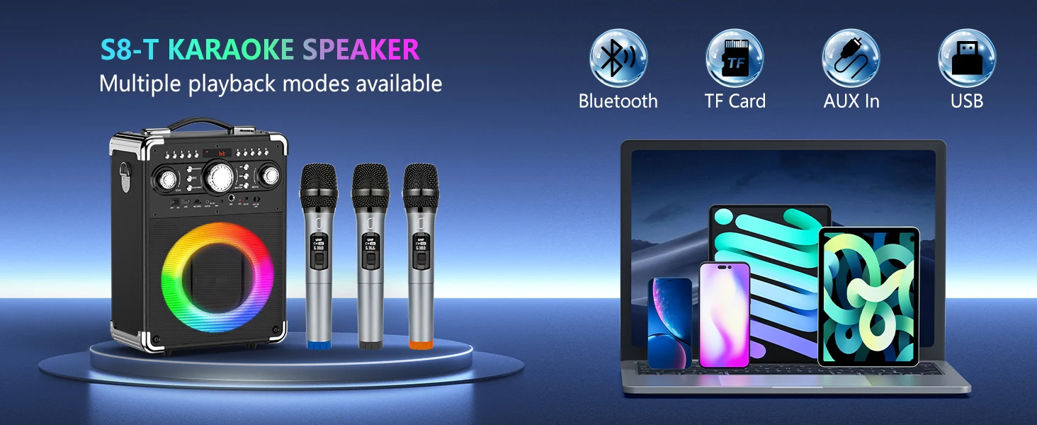S8-T Karaoke-Maschine mit 3 kabellosen Mikrofonen für Erwachsene, Singing Machine unterstützt TWS/USB/TF-Karte/Gitarre/TV verbunden – Detail 11
