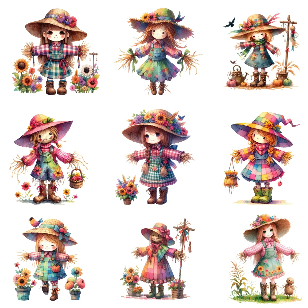 15cm Kids Cartoon Flower Scarecrow Beautiful Girl Iron On Transfer Stickers Diy DTF Heat Transfer Sticker T-shirt Clothes Decals