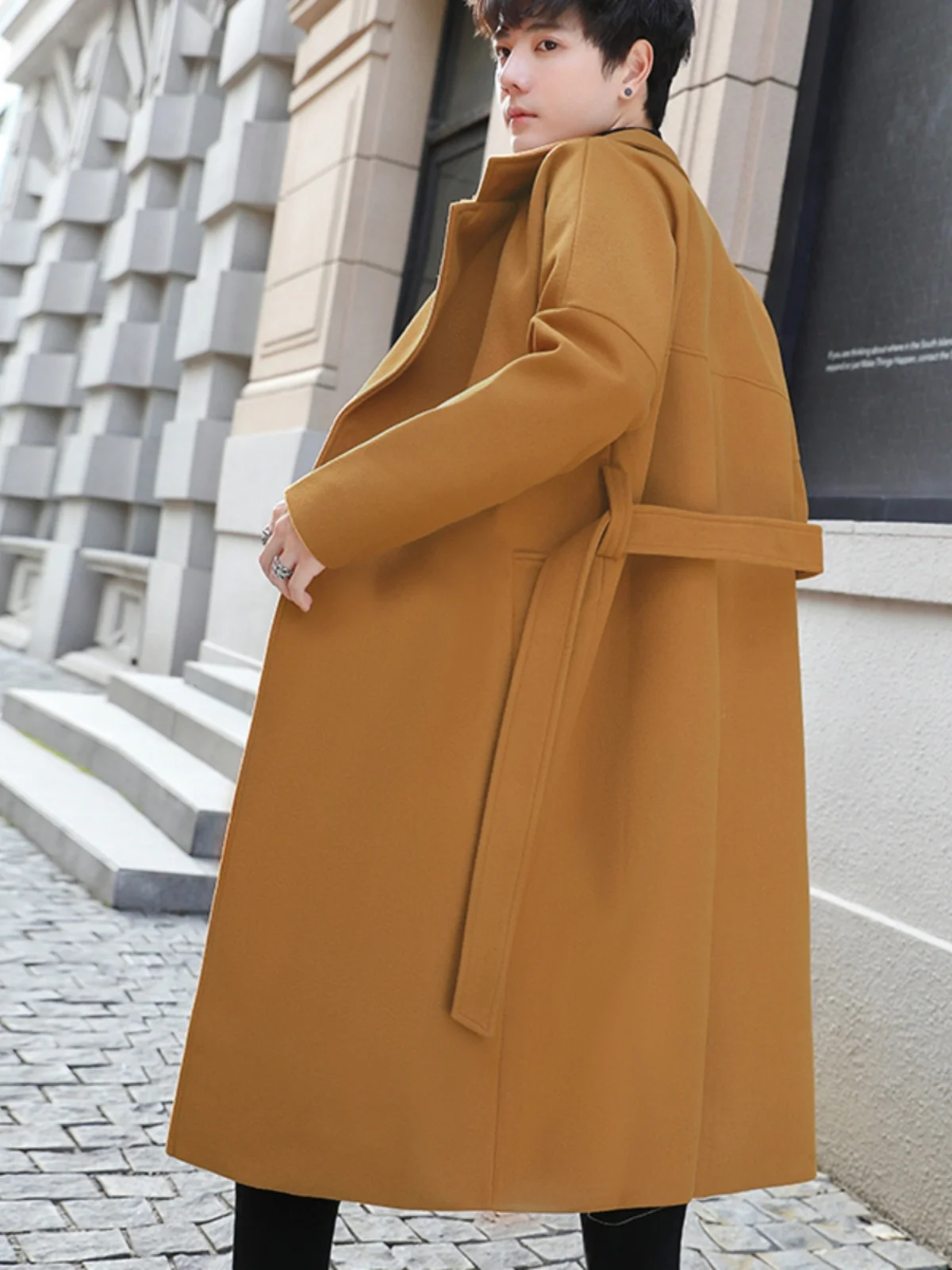 

Trendy Khaki Men's Long Woolen Coat Spring Autumn Loose Fit Faionable Windbreaker Hong Kong Sle Durable Polyester Fiber