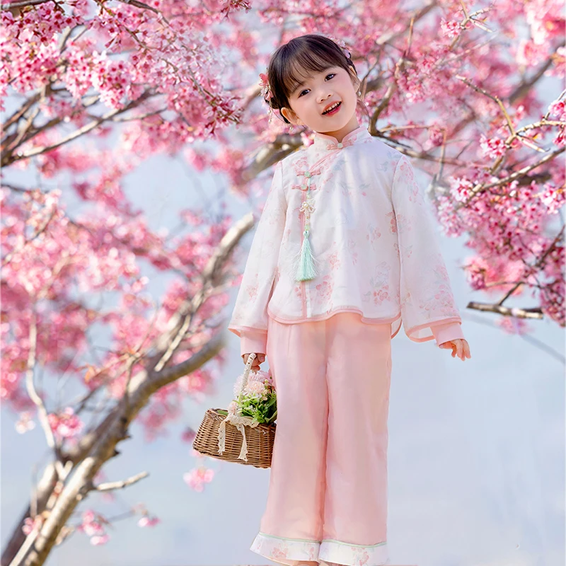 Chinese Style Hanfu Girls\' Party Dresses Spring Clothes Cloud Shoulder Jacket Dress Ancient Costume for Little Girls