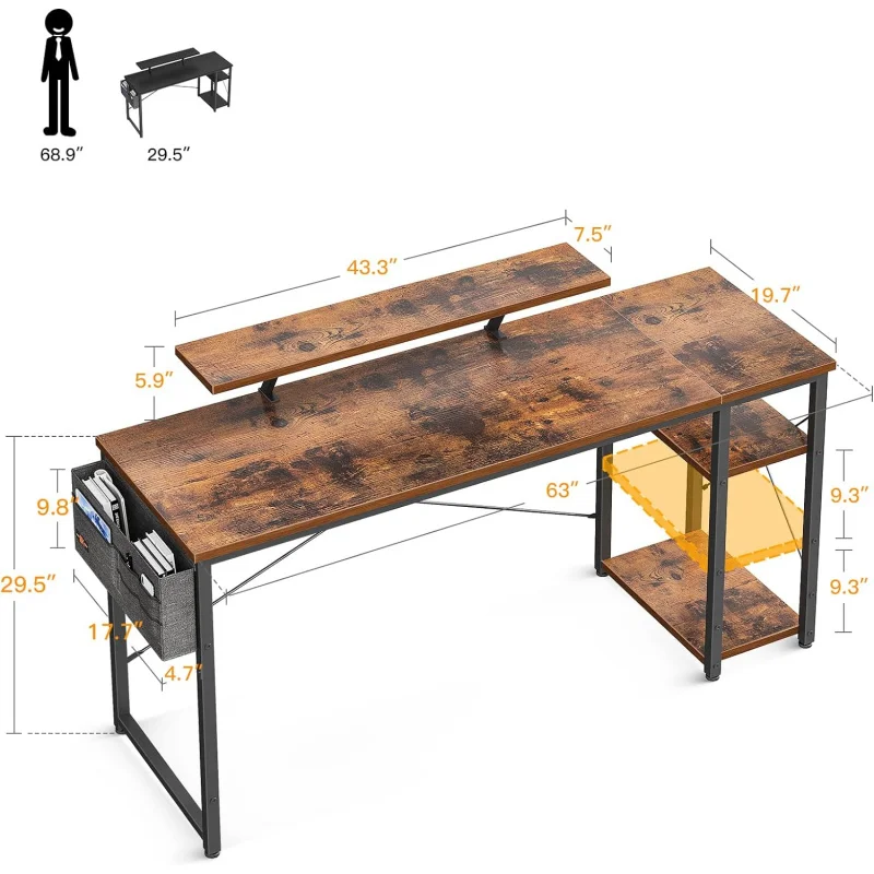 ODK 63 дюймовая Настольная компьютерная подставка для монитора для дома и офиса и двусторонние 2-уровневые полки для хранения, Стандартная рабочая станция с S