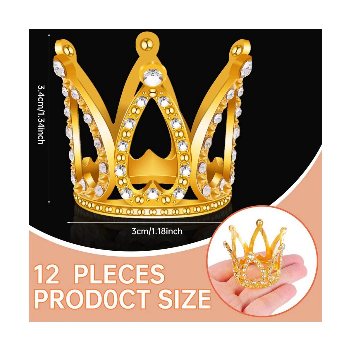 12 PCS Mini Crown Cake Topper,Gold & Silver Rhinestone Crown Cake Topper Decorations for Baby Shower Birthday Party