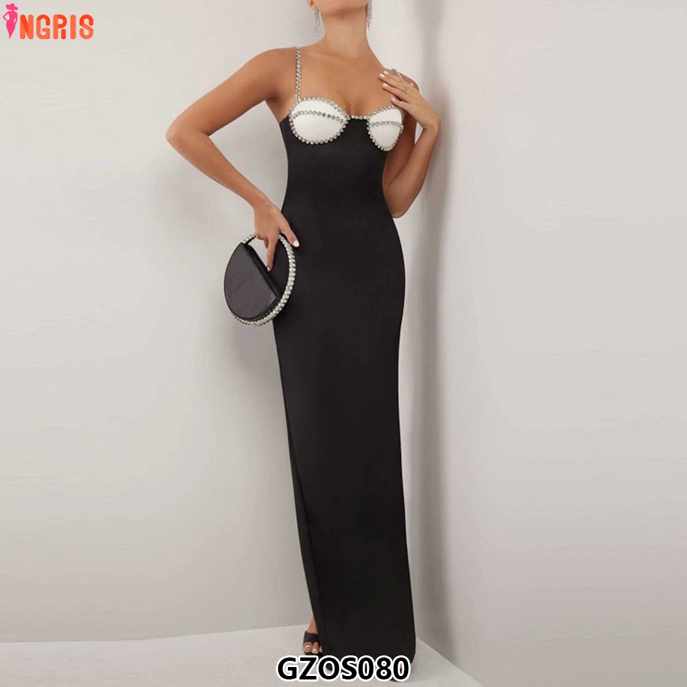 

Factory Directly Spaghetti Strap Women Midi Knitted Dress Black Beaded Ladies Summer Party Dress-GZOS080