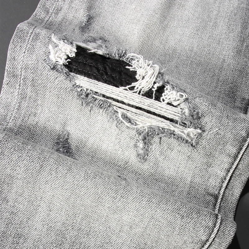Street Fashion Designer Men Jeans Retro Washed Gray Stretch Skinny Fit Patched Ripped Jeans Men Brand Hip Hop Denim Pants Hombre