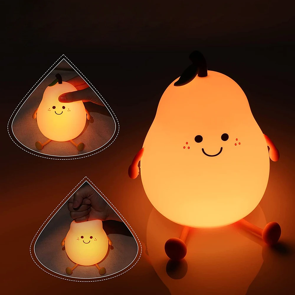 LED Pear Fruit Night Light USB Rechargeable Dimming Touch Silicone Nightlights Bedroom Bedside Decoration Couple Gift Boby Light