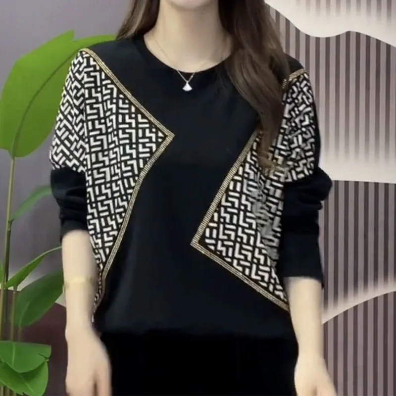 Moda diamanti girocollo stampato impiombato top abbigliamento donna Vintage elegante manica lunga pullover larghi t-shirt femminile