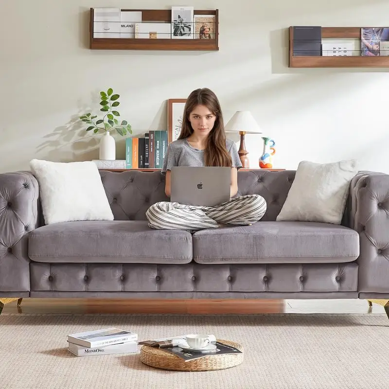 Deluxe Velvet Sofa 82.5" Chesterfield Tufted with 2 Pillows & Metal Feet