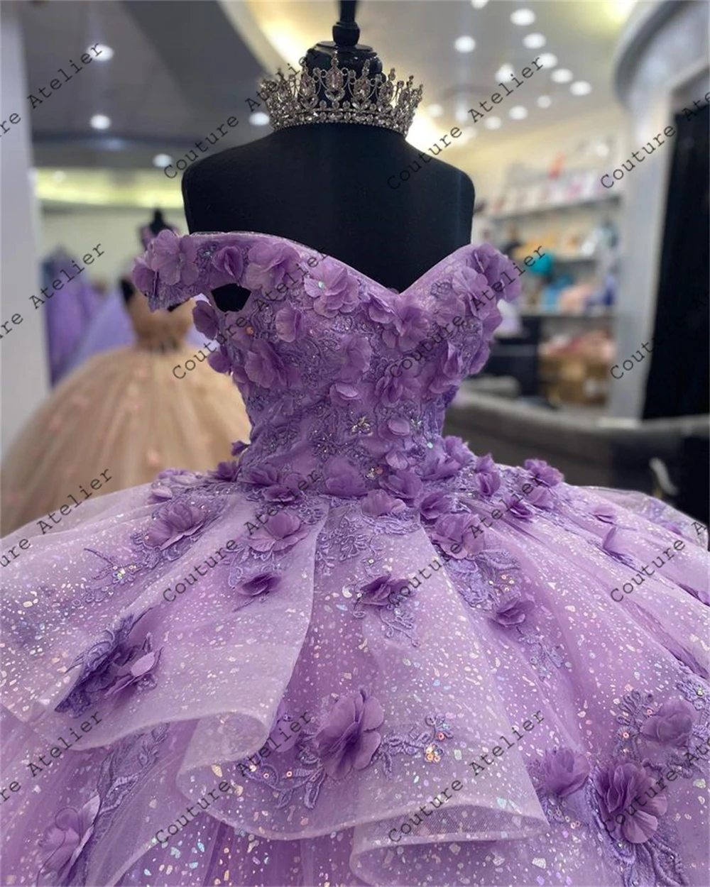 Mooie Lavendel 3d Bloemen Ruffels Quinceanera Jurk Baljurk Bruiloft Verjaardagsfeestjurken Prinses Vestidos De Quinceañeras