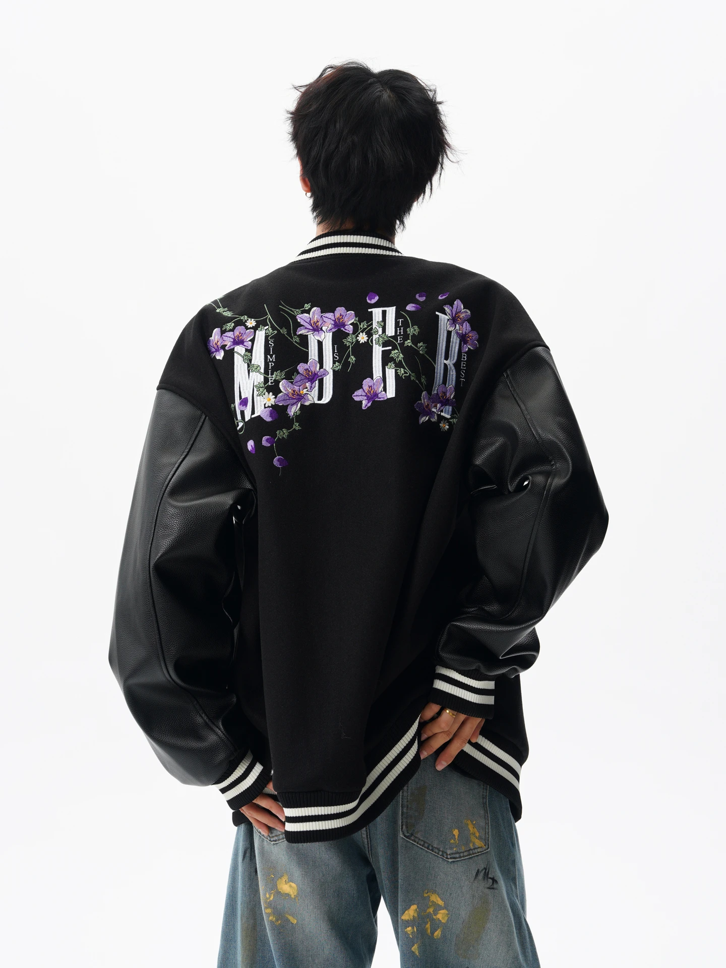 

Мужская бейсбольная куртка весна 2025 года, предзаказ, с вышивкой цветочной лозы, комбинированных цветов, для пар, свободный крой, в американском стиле