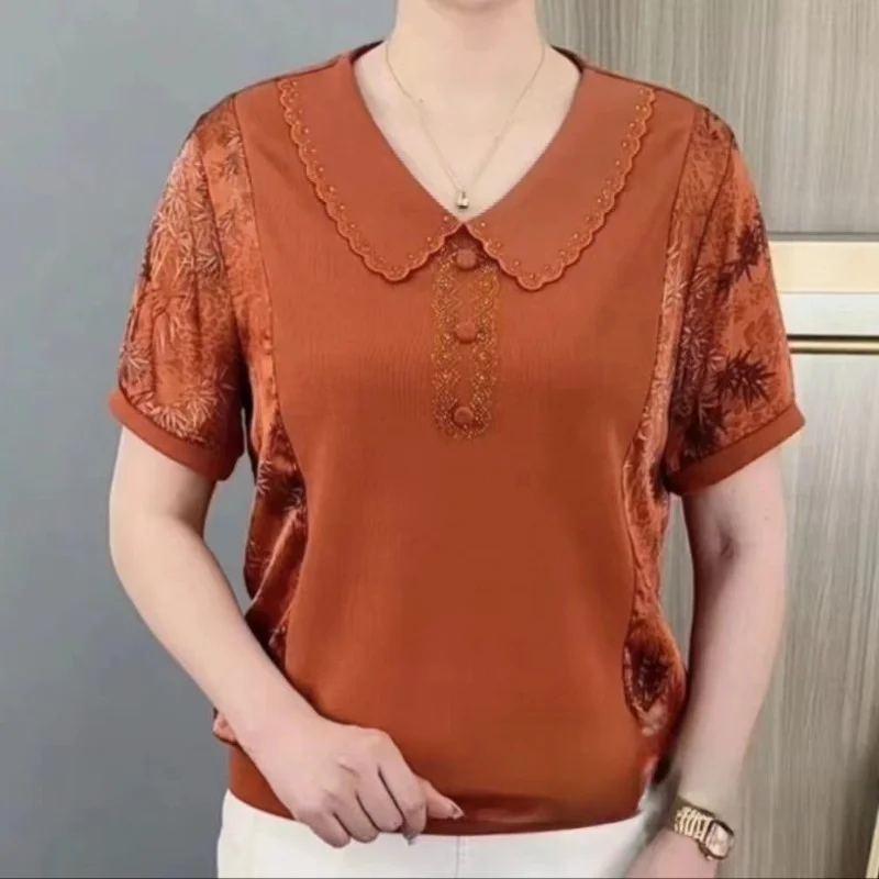 Women Lace Peter Pan Collar Blouse Short Sleeve Floral Patchwork Tops For Mothers