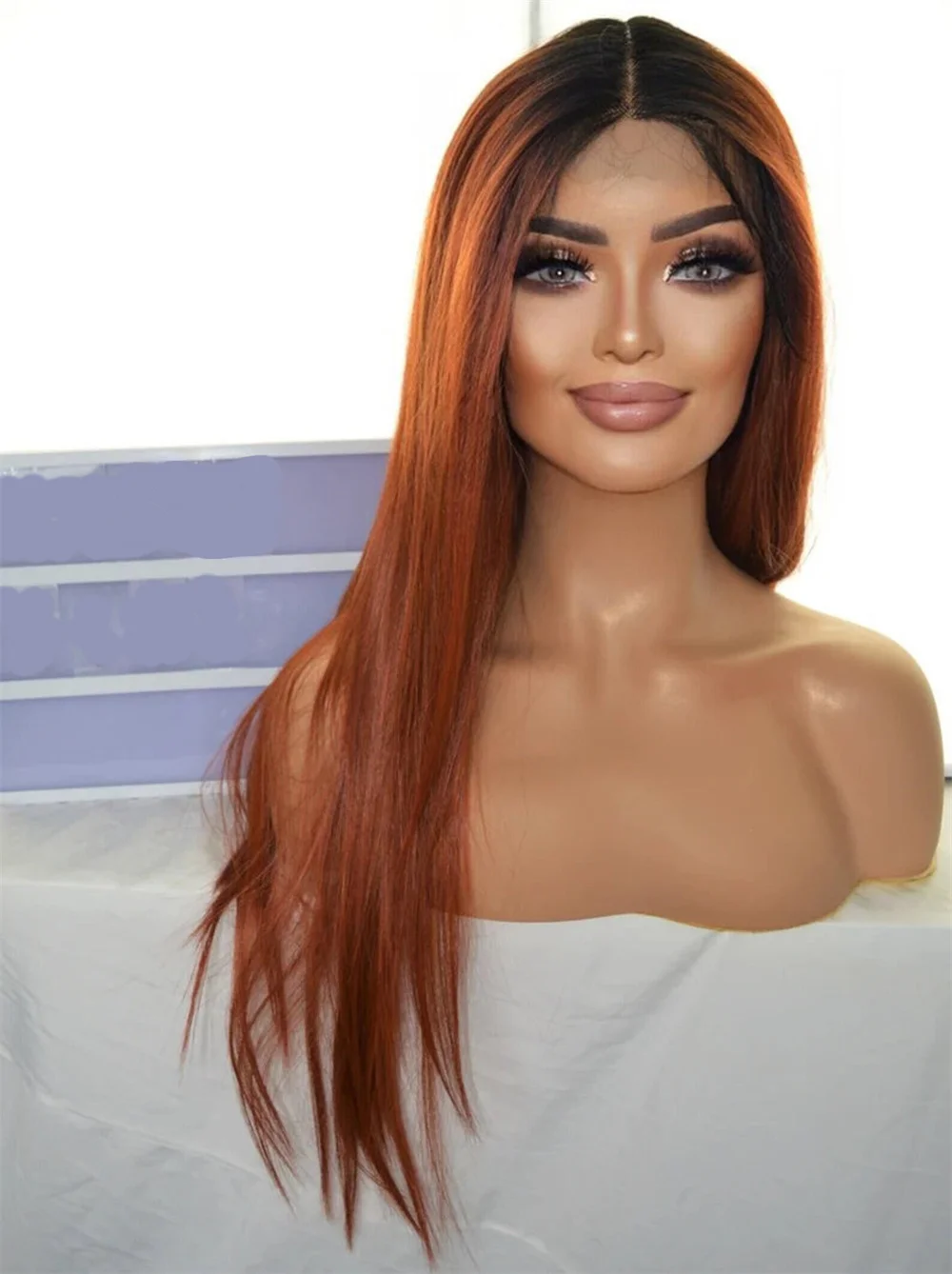 Ombre Orange Brown Glueless Soft Straight 28“ 5x5Silk Base Jewish Human Hair Wig With Baby Hair HD Lace European Hair Preplucked