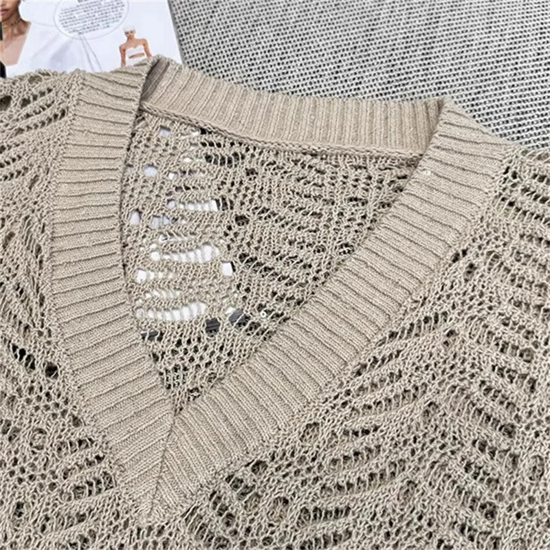 Suéter de mujer nuevo tejido elástico ahuecado top de manga larga para otoño 2025 mezcla de lino jersey con cuello en V y2k casual mujer top