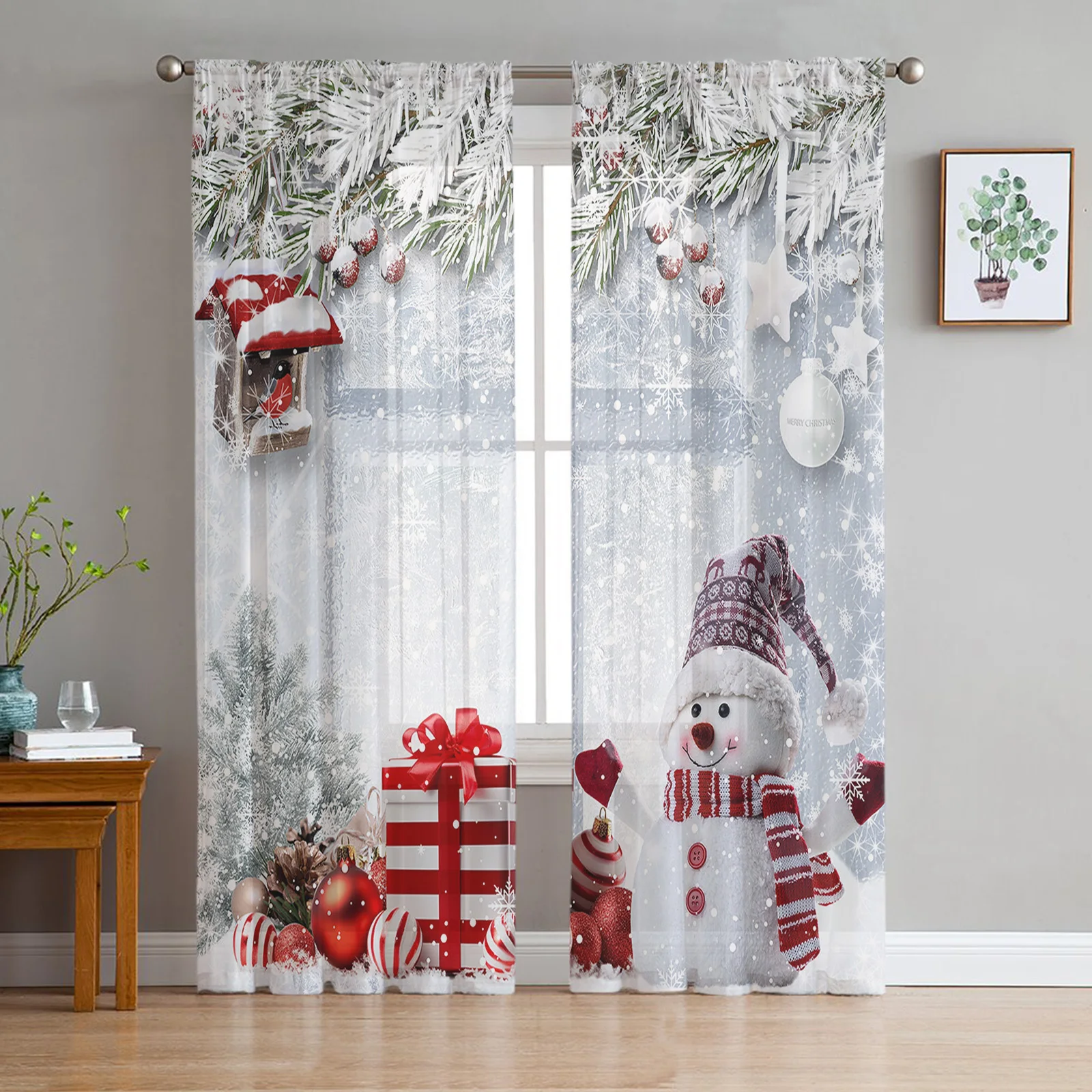 

Christmas Snowflake Snowman Holly Fir Tree Sheer Curtains Christmas Home Decor Window Tulle Curtains for Living Room Bedroom