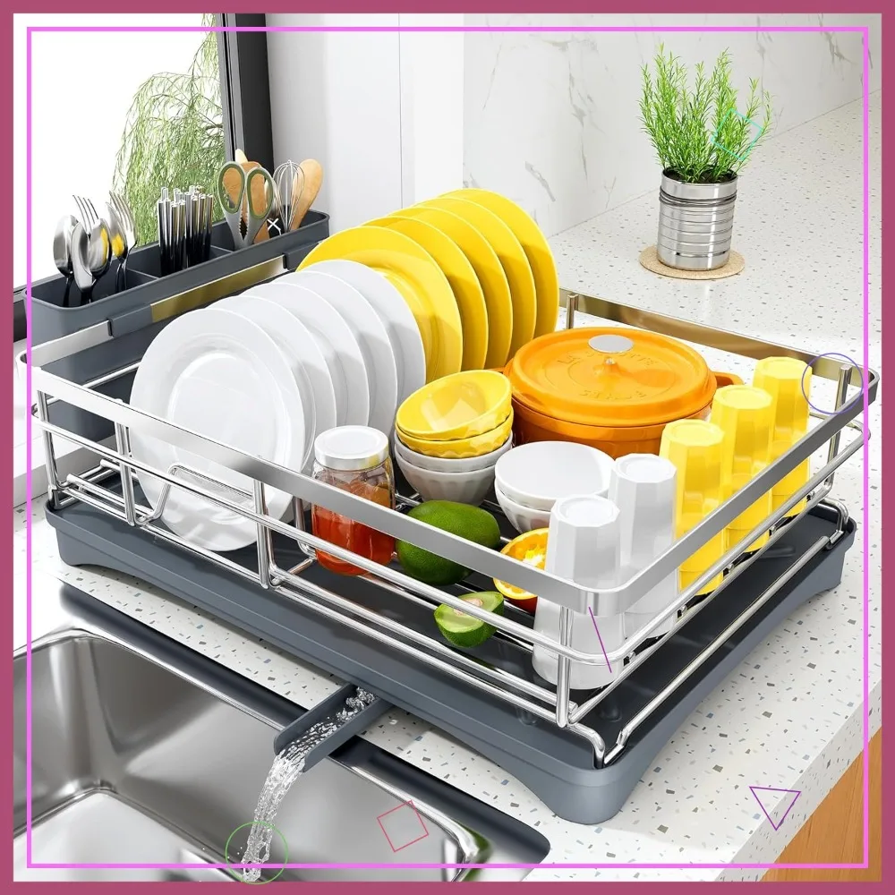

Stainless Steel Dish Drying Rack with Drainboard and Utensil Holder for Kitchen Sink, Large Silver Countertop Organizer