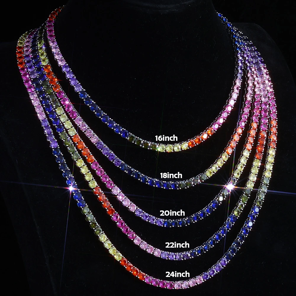 Hip Hop 5MM Iced Out Multicolored Gemstone Tennis Chain Women Luxury Men Rainbow Colorful Necklace Drop Shipping