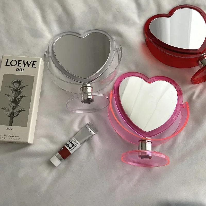 1pc Acrylic Double Side Makeup Mirror Cute Heart Shaped Cosmetic Mirror, Transparent Base Home Bedroom Desktop Make Up Mirror