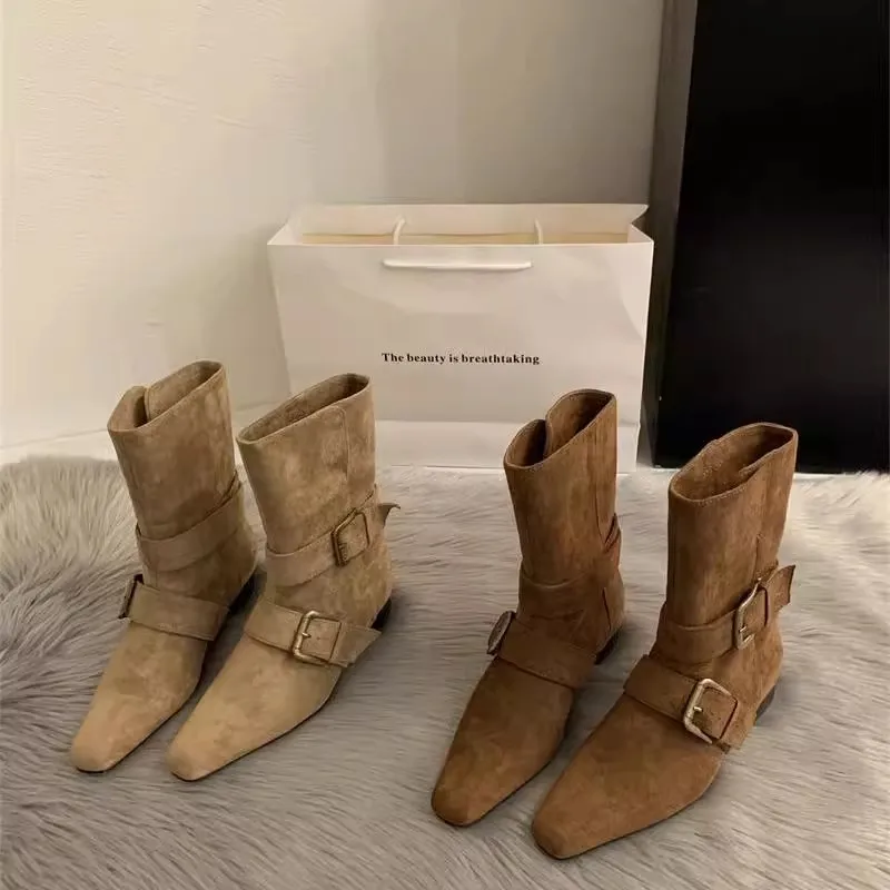 

Retro Korean Sle ort Boots Suede Western Riding Boots Women's Footwear Low Heel Side Zipper Waterproof