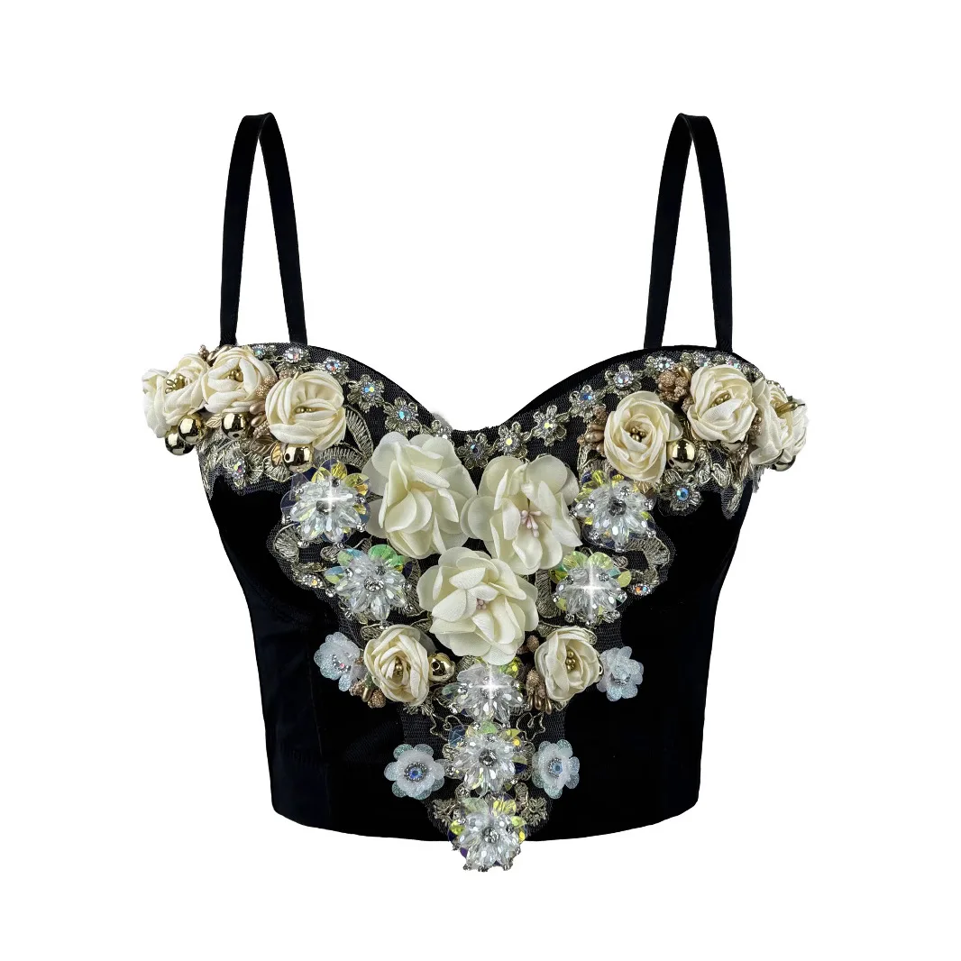 

customized women's adult three-dimensional flower rhinestone nail bead corset fashionable luxurious sexy suspender bra bodysuit
