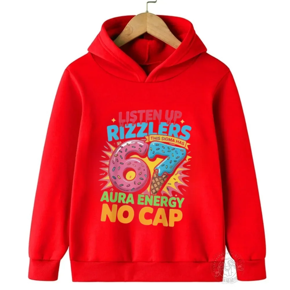 Rizzlers 67 Sigma Hoodie für Kinder, Jungen und Mädchen, Unisex Streetwear Sweatshirt, Donut-Eiscreme-Grafikdruck, Langarm-Kapuzenpullover – Detail 8