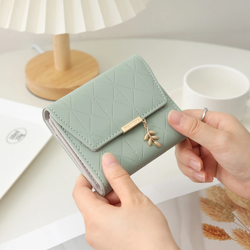 New Women PU Leather Leaf Short Wallet Female Coin Purse Fashion Purse Money Bag Thread Card Holders Womens Small Wallets