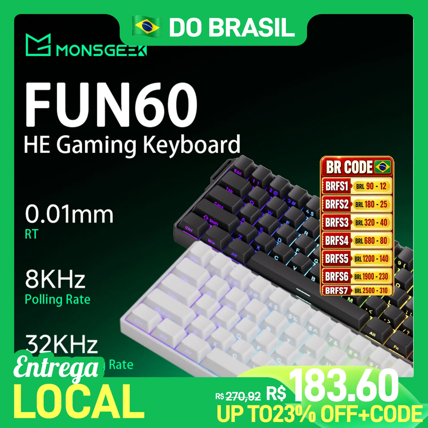 Teclado Magnético com Fio MonsGeek FUN60 PRO HE 60% para Jogos Esportivos - Edição Brasil
