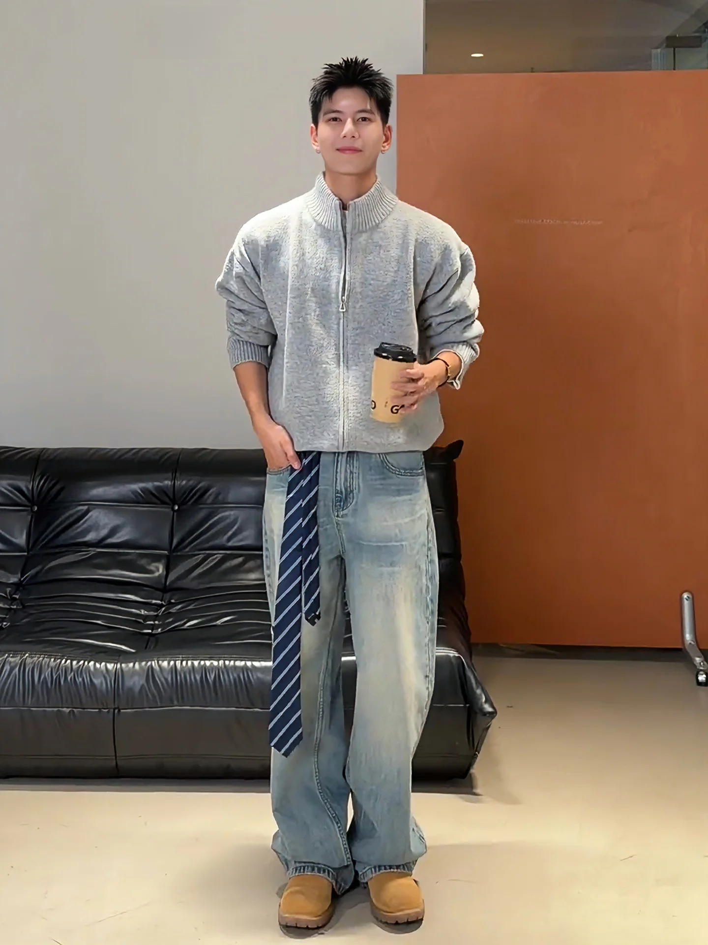 

Мужской зимний кардиган на молнии серого цвета в американском стиле, с воротником-стойкой, вязаный, из мягкого полиэстера, повседневный стиль