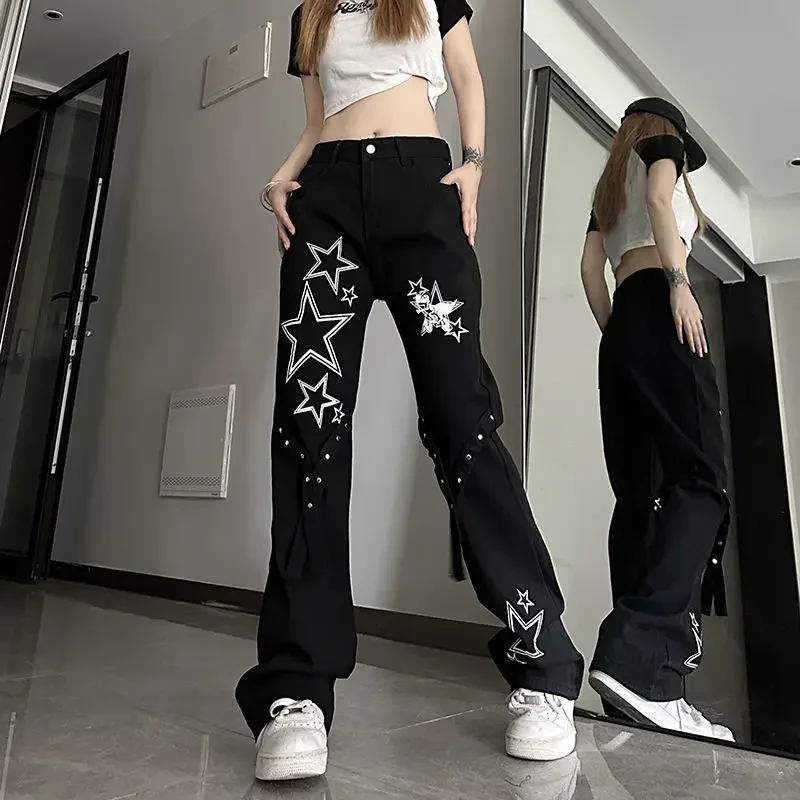 Korean Fashion Gothic High Street Jeans Women Black High Waist Baggy Straight Wide Leg Casual Denim Pants Y2k Streetwear Women