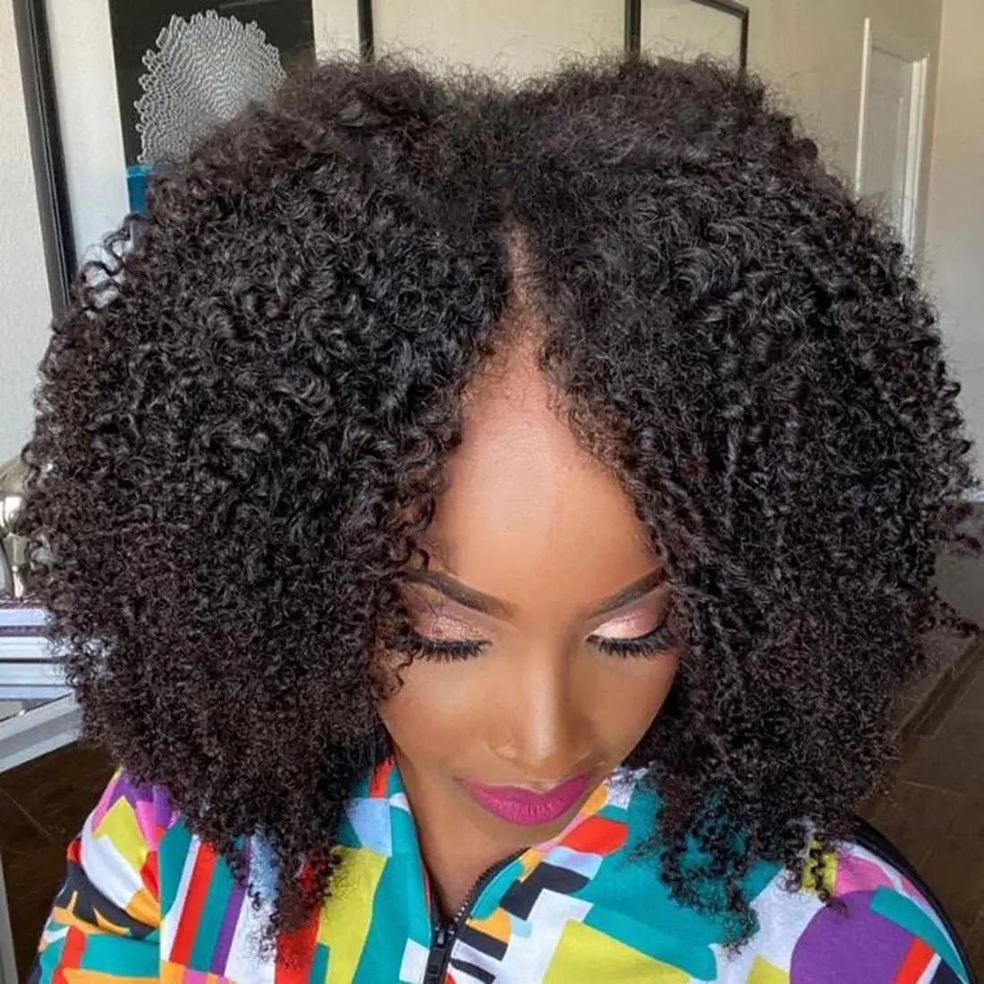 

Afro Curly V Part Wig Kinky Curly V Part Bob Wig Human Hair Full Machine Made Hair Wigs for Black Women 200 Density