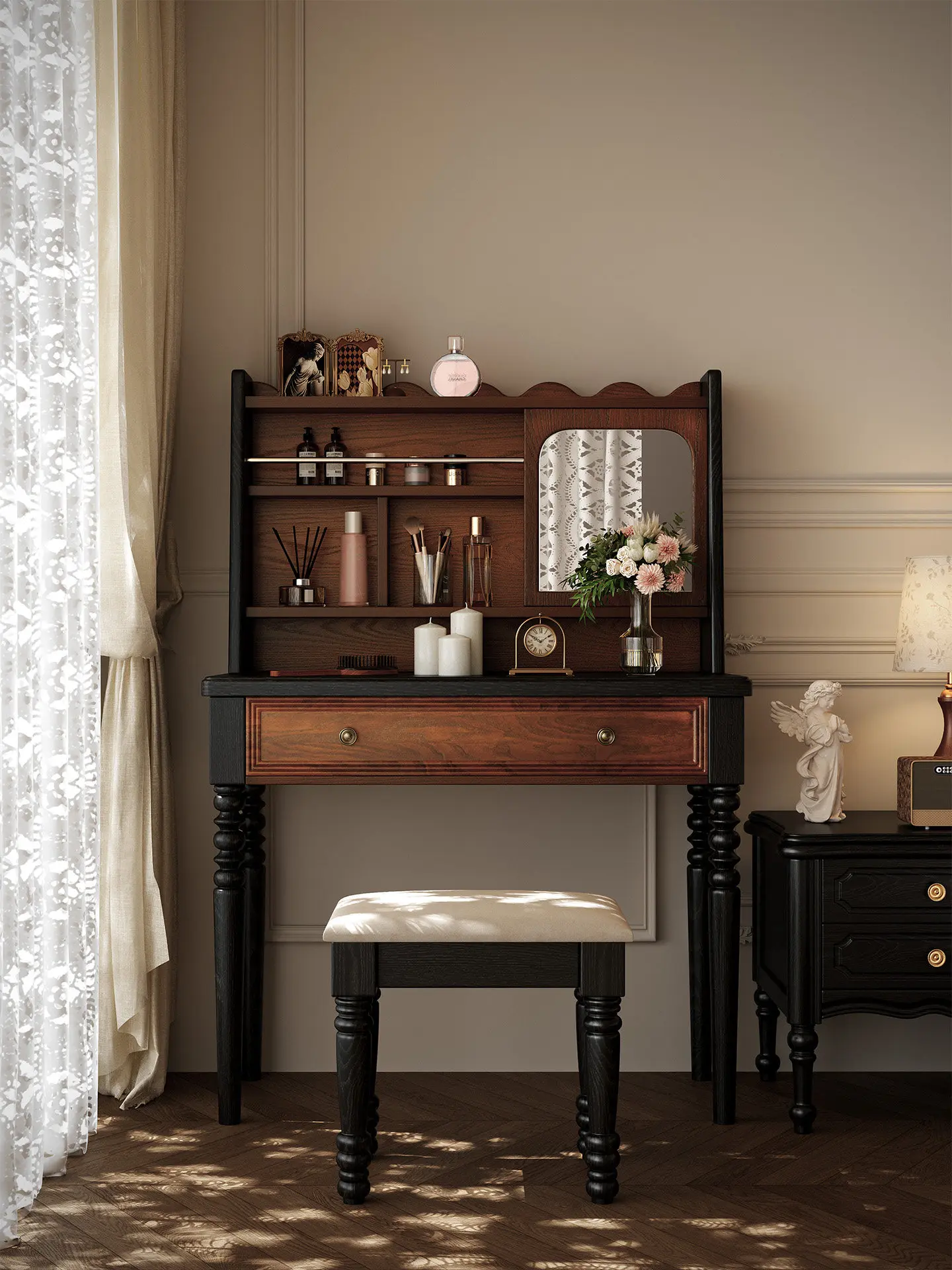 HYS retro solid wood dresser with mirror storage table bedroom makeup table desk integrated dressing table