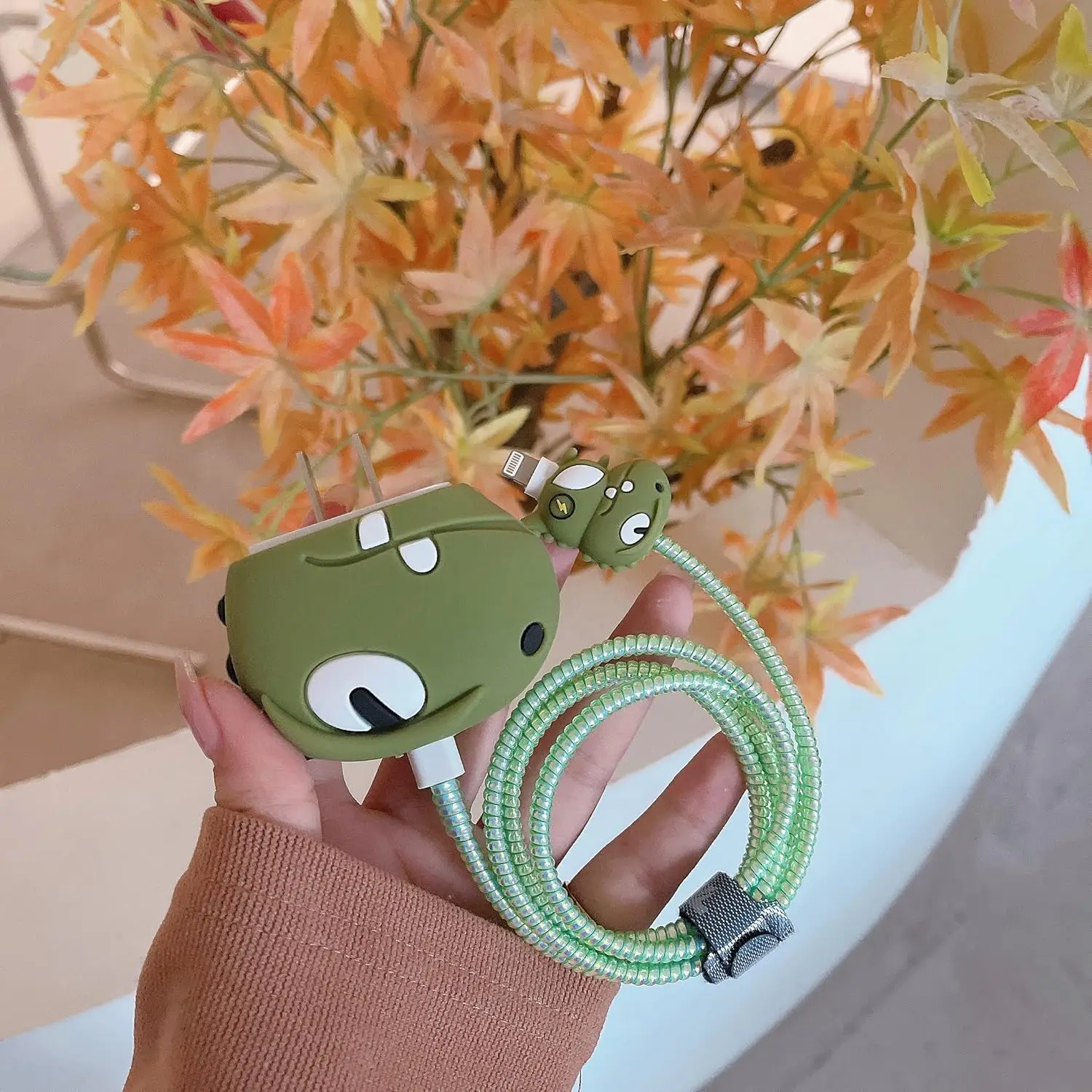 Dinosaur Charger Case For iPhone 17 15 14 16 18W 20W US Fast Charging Head Cover Protective Cable Organizer Power Adapter Cover