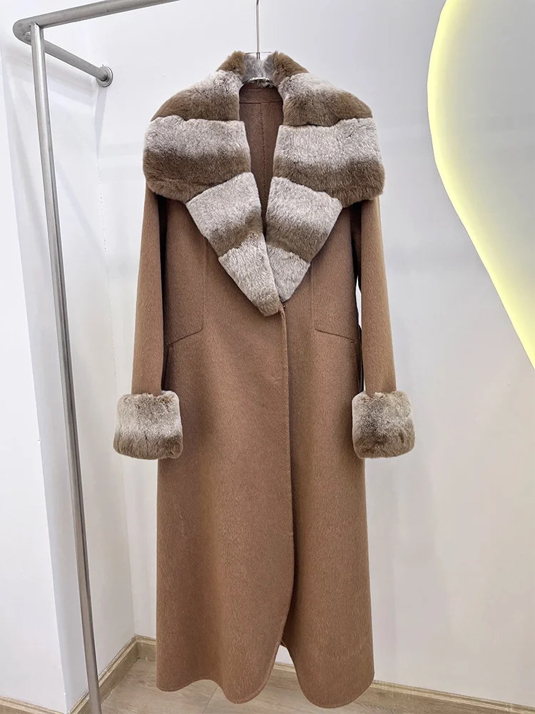 2025 New Winter Women Natural Rex Rabbit Fur Collar Wool Woolen Jacket Cashmere Long Casual Real Fur Coat