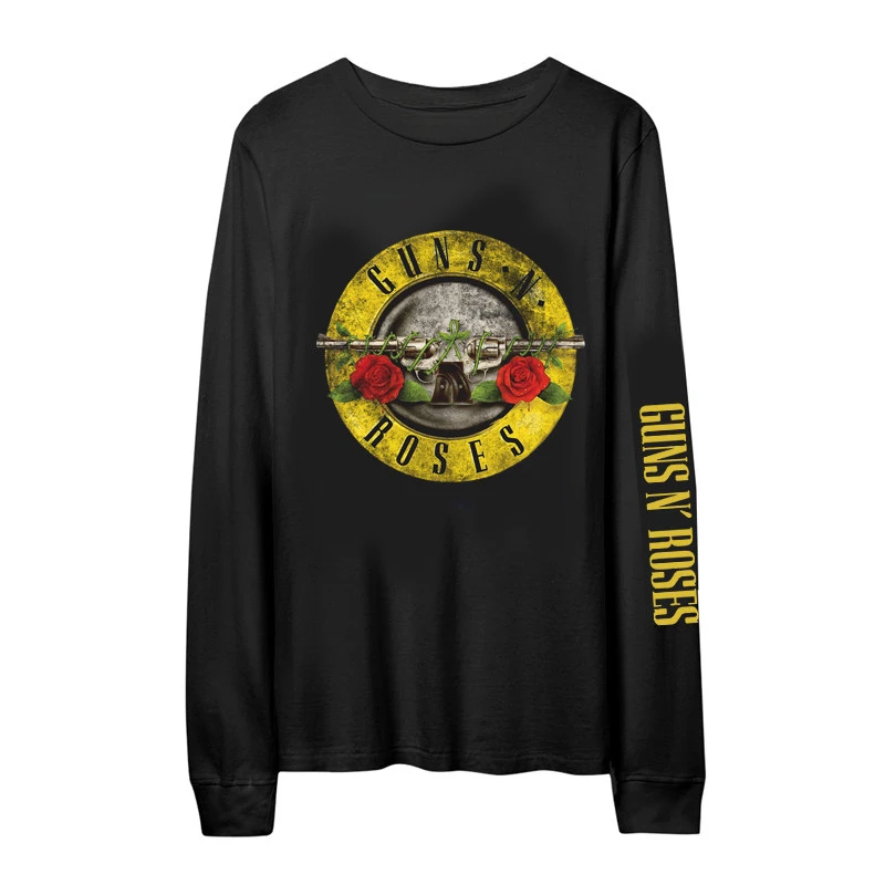 Camiseta de manga comprida com capuz em promoção da Guns N' Roses, uma banda retrô de punk rock europeia e americana.