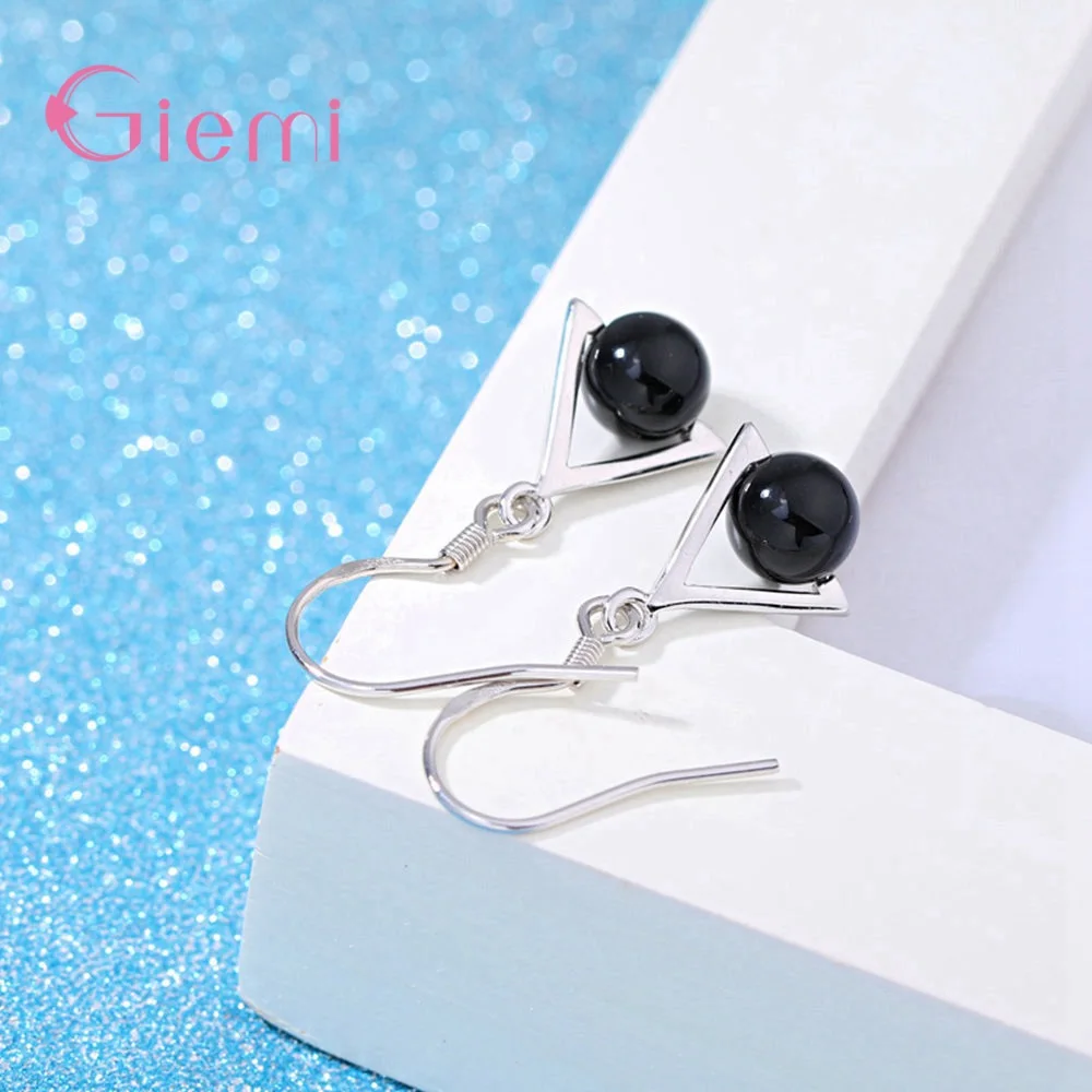 Simple 925 Sterling Silver Triangle Black Resin Ball Drop Earrings For Women Girls Anniversary Party Jewelry Gifts Accessory
