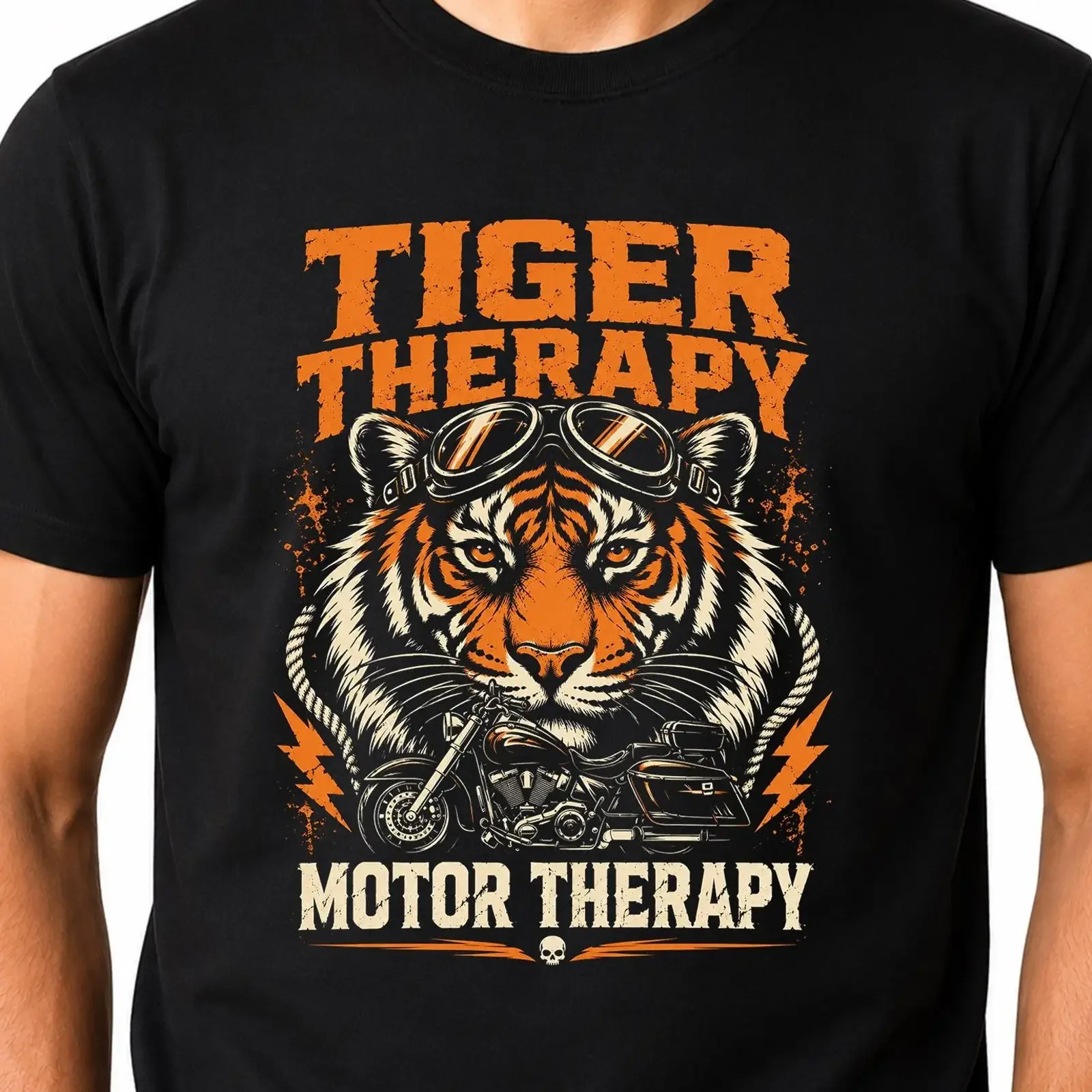 Tiger Therapy Biker T Shirt Motortherapie Motorradbrille Fahrer Grafik vintage Washed streetwear Stylish Top For Everyday Wear
