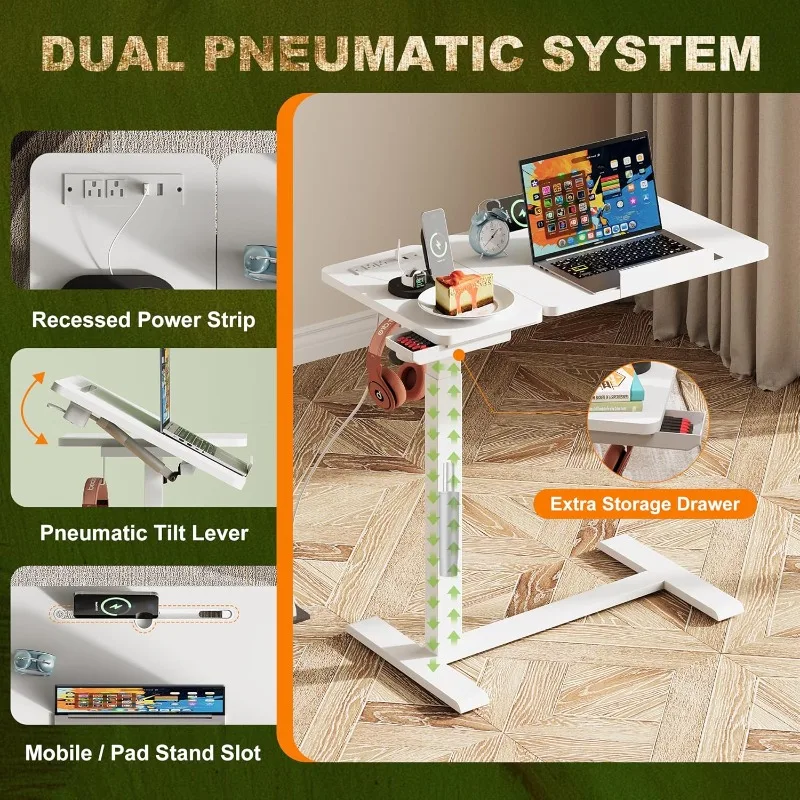 مكتب قائم، طاولة طبية فوق السرير مع صينية دوارة ومخرج طاقة، زاوية هوائية مزدوجة ومكتب قابل لضبط الارتفاع