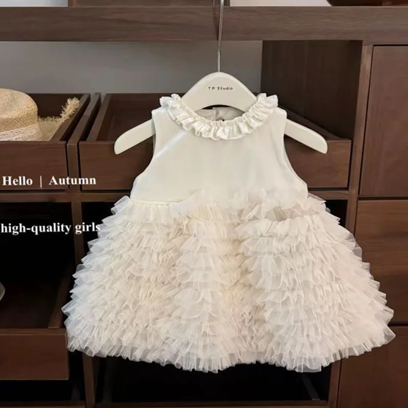 2026Solid Color High-End Tank Dress, Fluffy Cake Skirt, Stylish Baby Girl's First Birthday Dress, Princess Dress