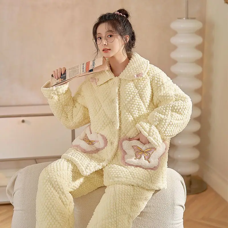 Pajamas Women's Autumn and Winter Thickened Three-layer Coral Fleece Padded Jacket Loungewear Winter Sweet  Cute Outerwear Suit