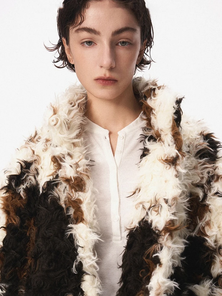 Patchwork revers beige nepbont jas Slanke nepwollen harige jas Pluizig Stijlvolle luxe elegante pluche jas Warme dikke bovenkleding