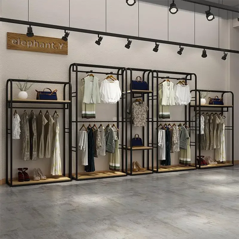 Clothing store double-layer floor-to-ceiling combination clothes hanging rod side hanging store shelf wrought iron