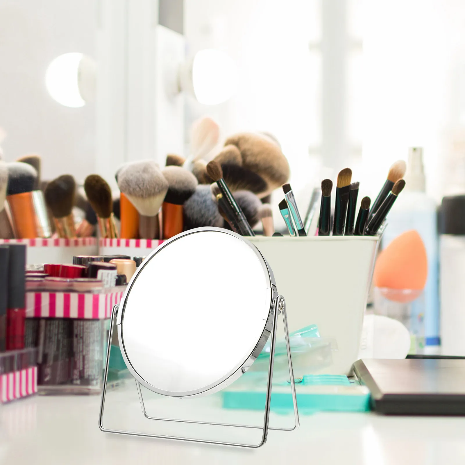 Metal Round Double-Sided Makeup Mirror Stable Base Tabletop Vanity Mirror for Home Use Application and Shaving