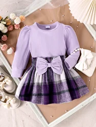 2PCS  Autumn New Style For Girls Aged 1-6 Years Old. Fashionable And Comfortable Sweet Purple Top. Plaid Purple Bow Skirt.
